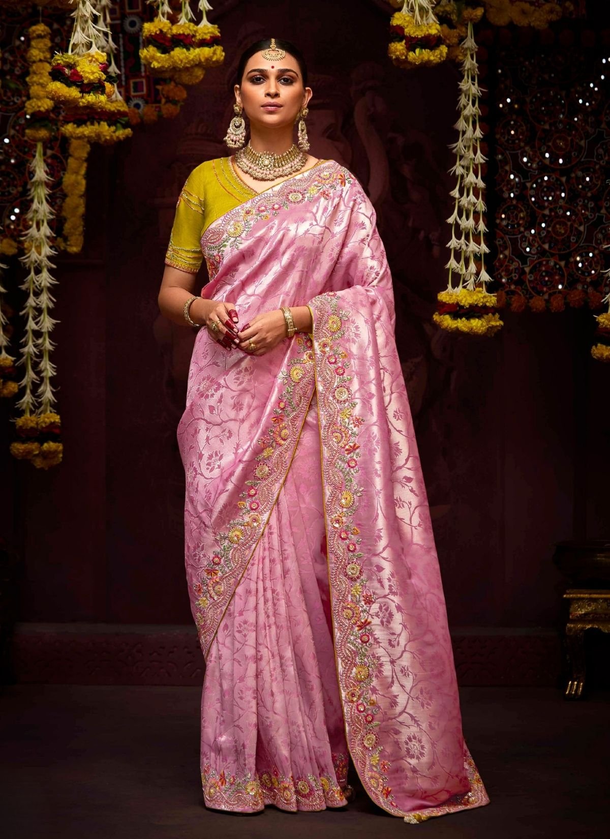 Rose Pink Luxury Banarasi Kanjivaram Saree with Embroidery