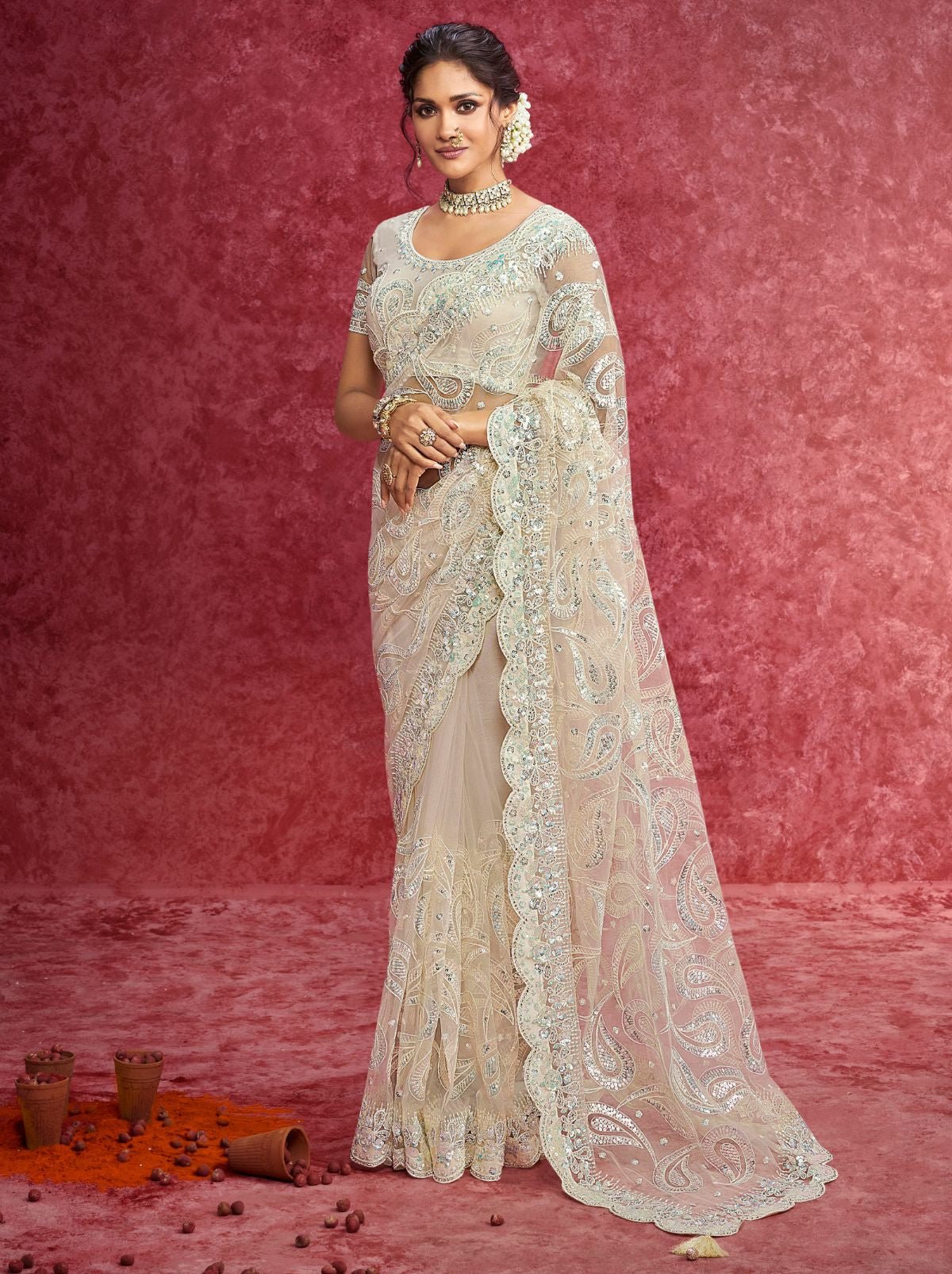 Off White Premium Fancy Saree With Sequin Work