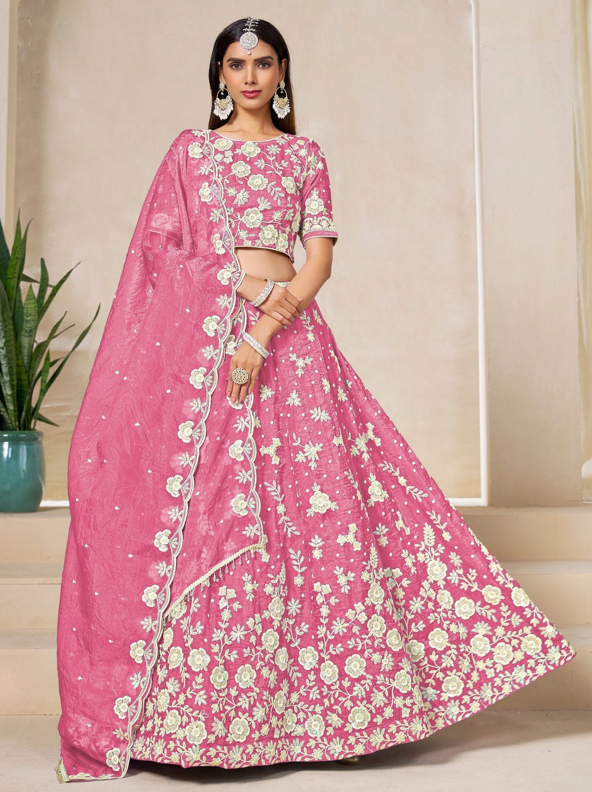 Creamy Pink Premium Festive Lehenga Set With Sequin And Zari Work