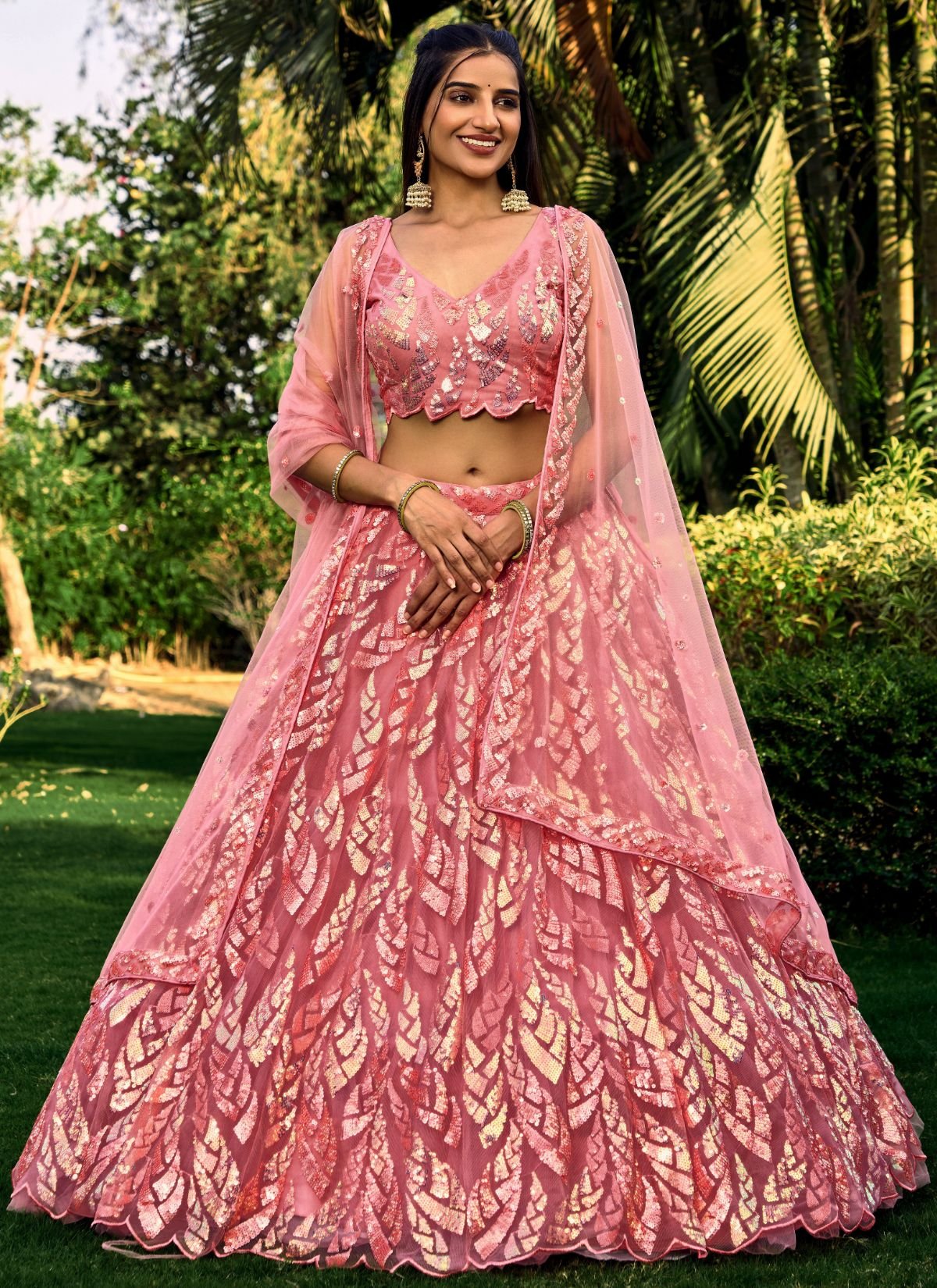 Powder Pink Premium Party Lehenga Set With Sequin Work