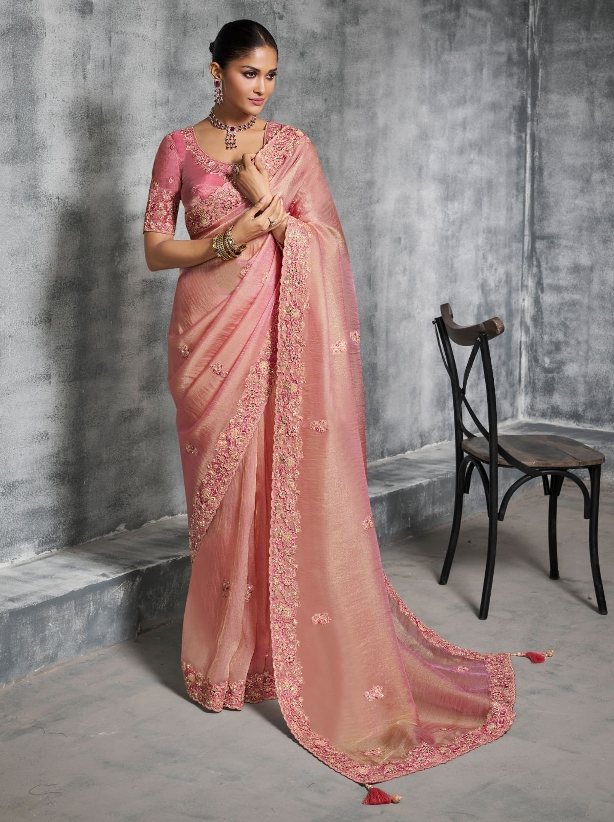 Flamingo Pink Premium Zari Tissue Silk Saree With Blouse Piece