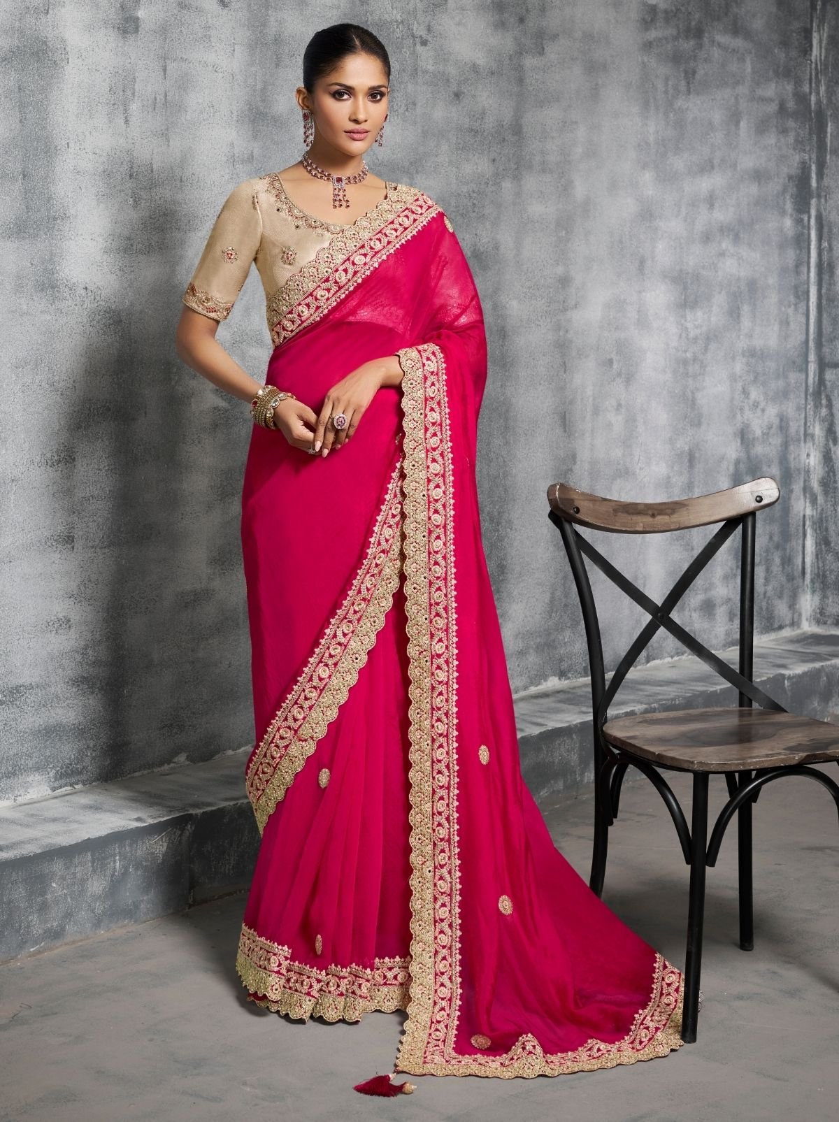 Cerise Pink Premium Zari Tissue Silk Saree With Tassels