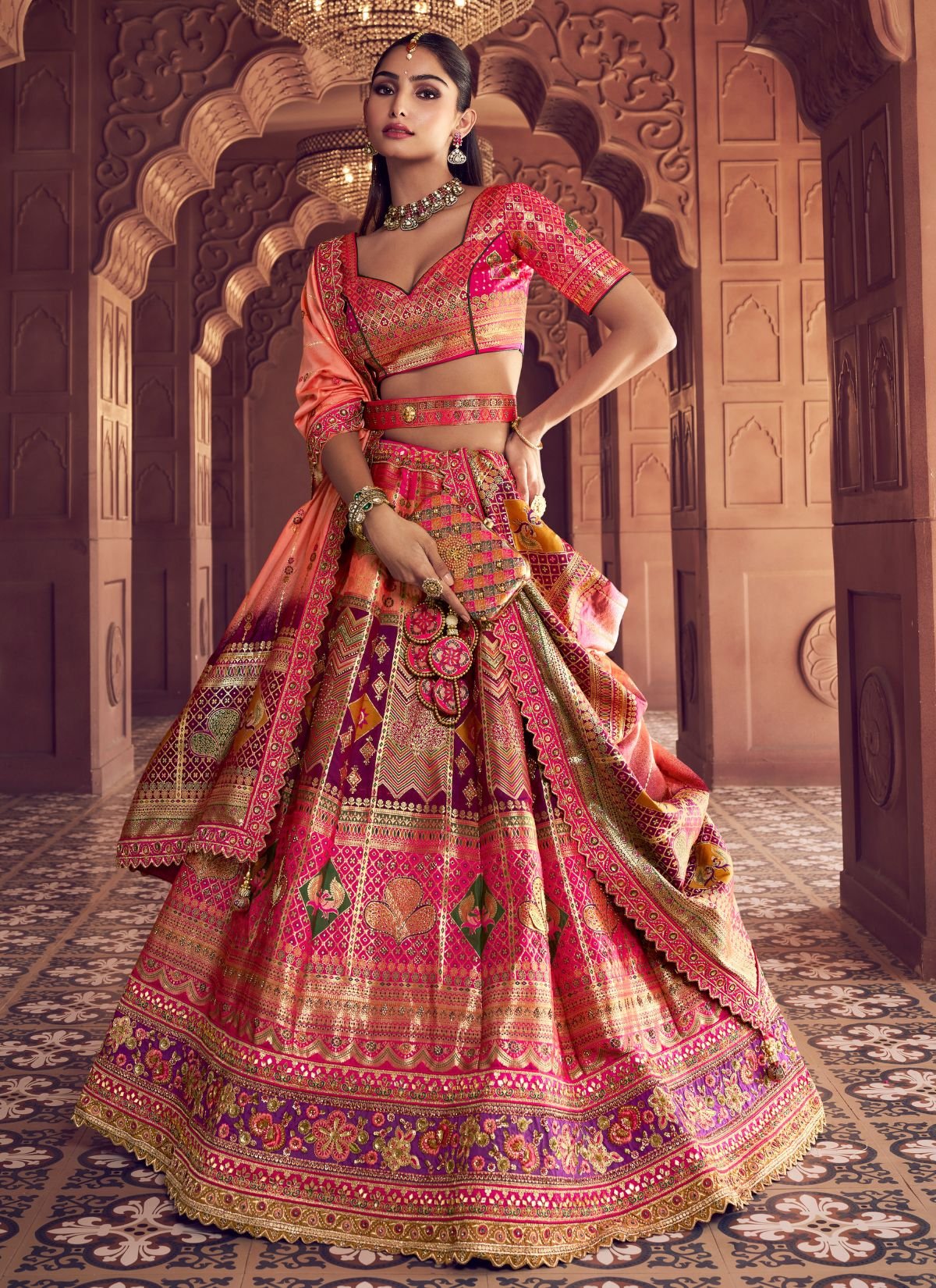 Hot Pink Royal Wedding Banarasi Lehenga Set With Sequin & Zari Work