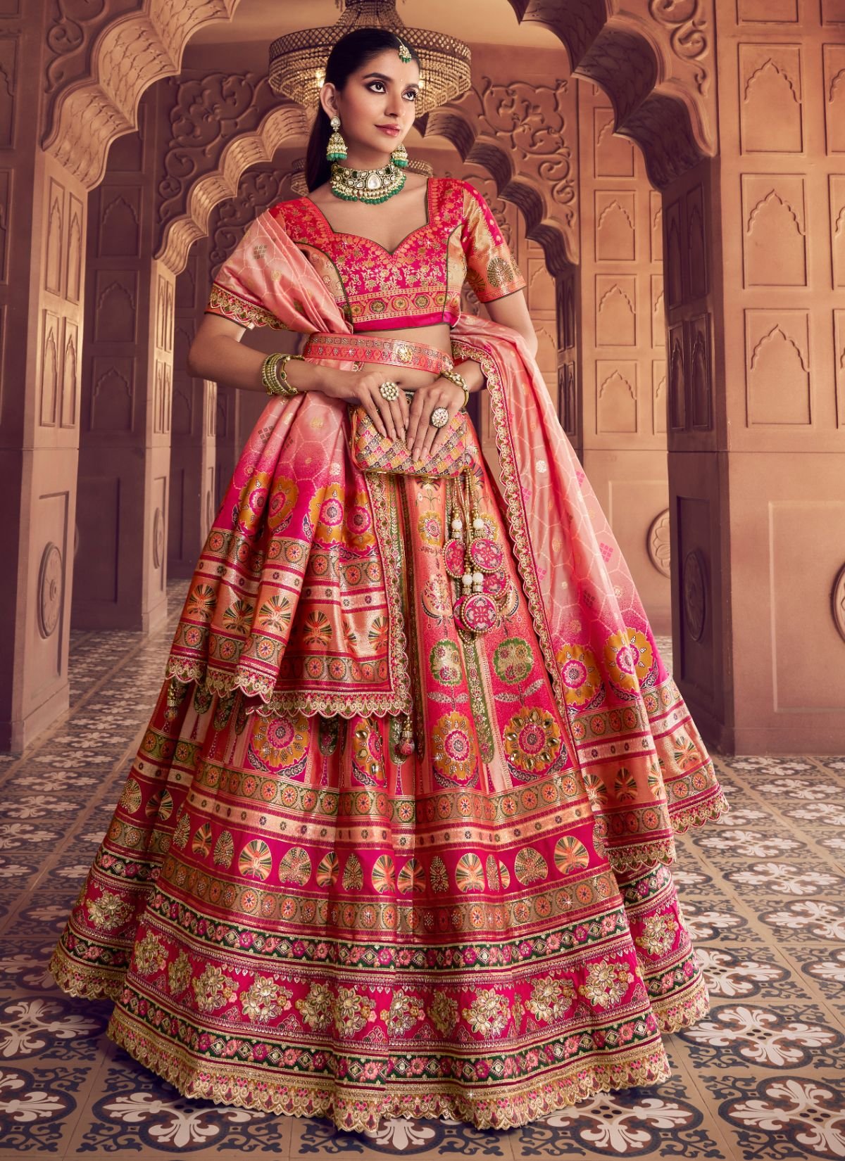 Pink Ombre Royal Wedding Banarasi Lehenga Set With Sequin & Zari Work