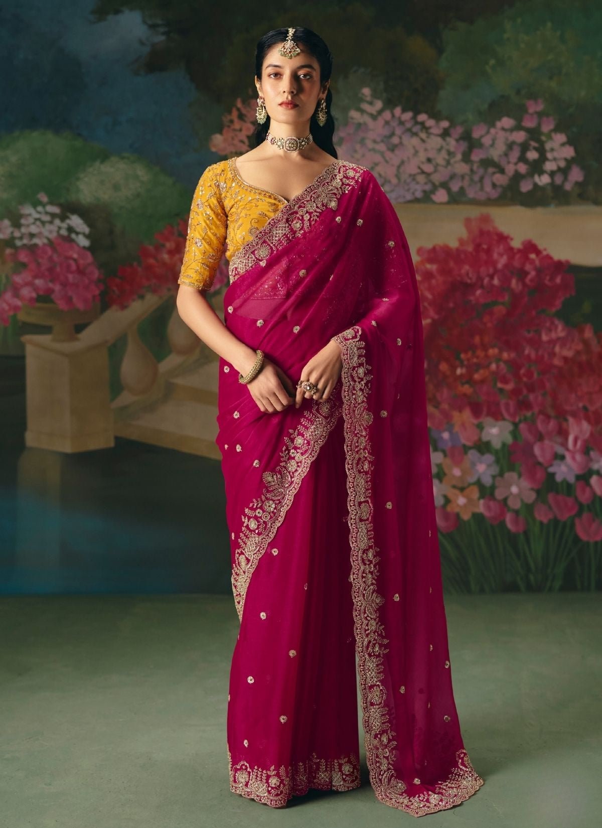 Dark Orchid Pink Wedding & Party Fancy Saree With Premium Blouse Piece