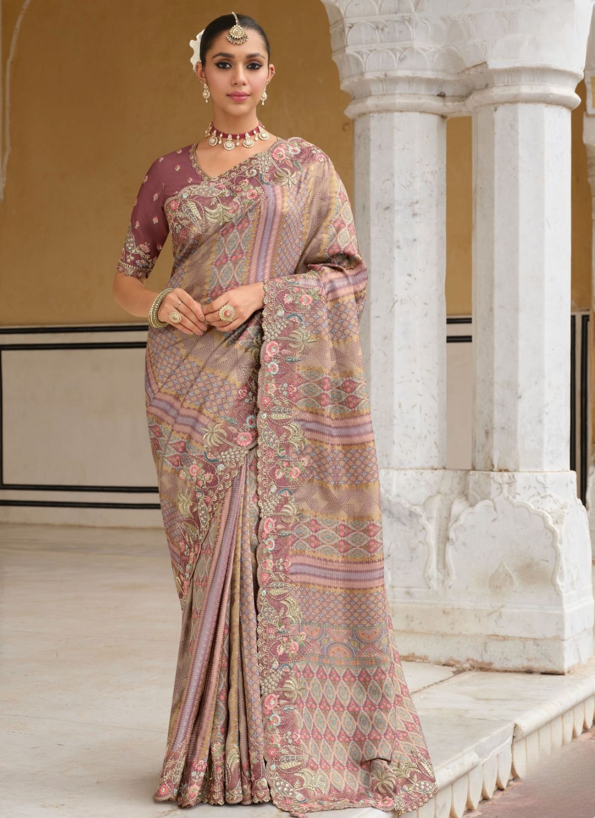 Pastel Purple Designer Premium Silk Saree With Hand-Embroidery