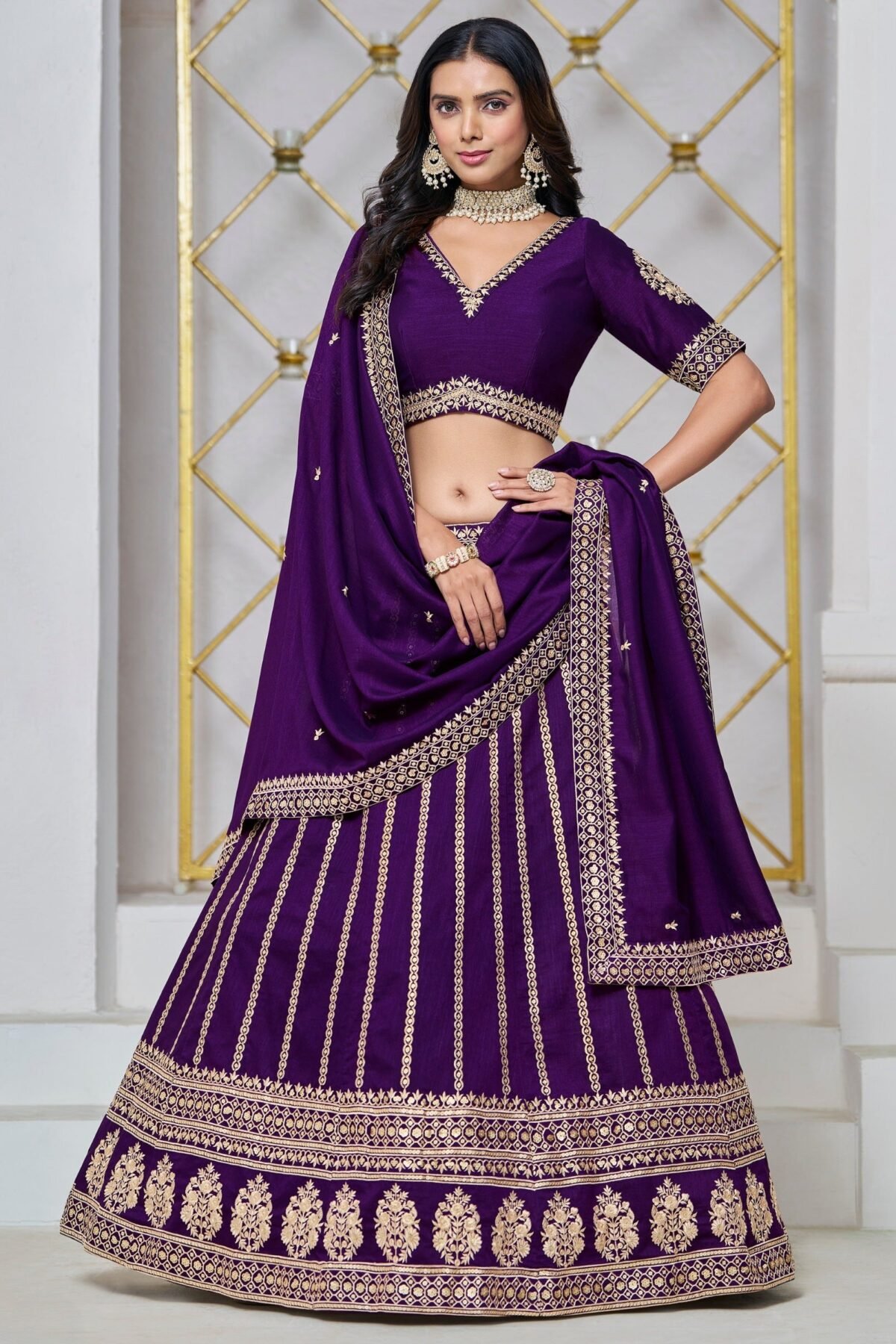 Tacao Purple Party Lehenga Set With Gold Thread Embroidery