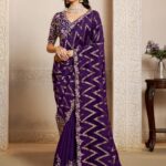 Deep Purple Premium Velvet Saree With Multi Stonework
