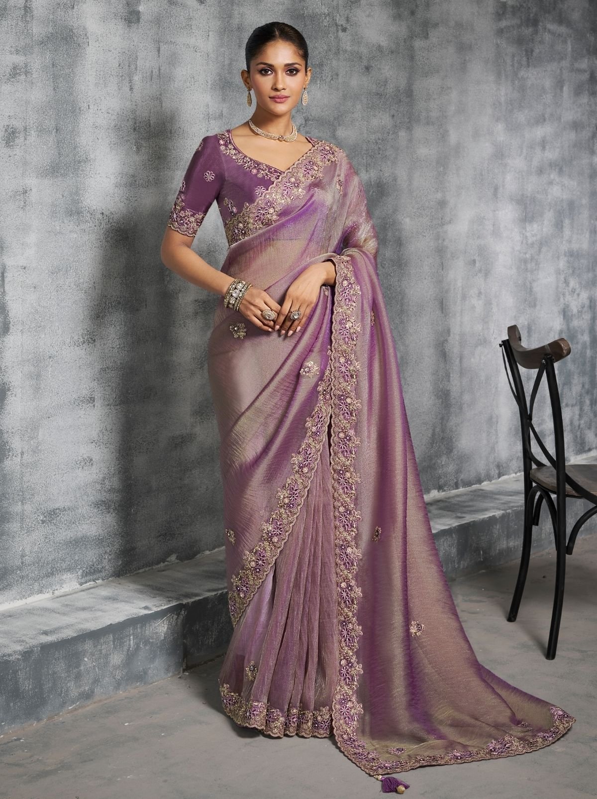 Lavender Purple Premium Zari Tissue Silk Saree With Blouse Piece