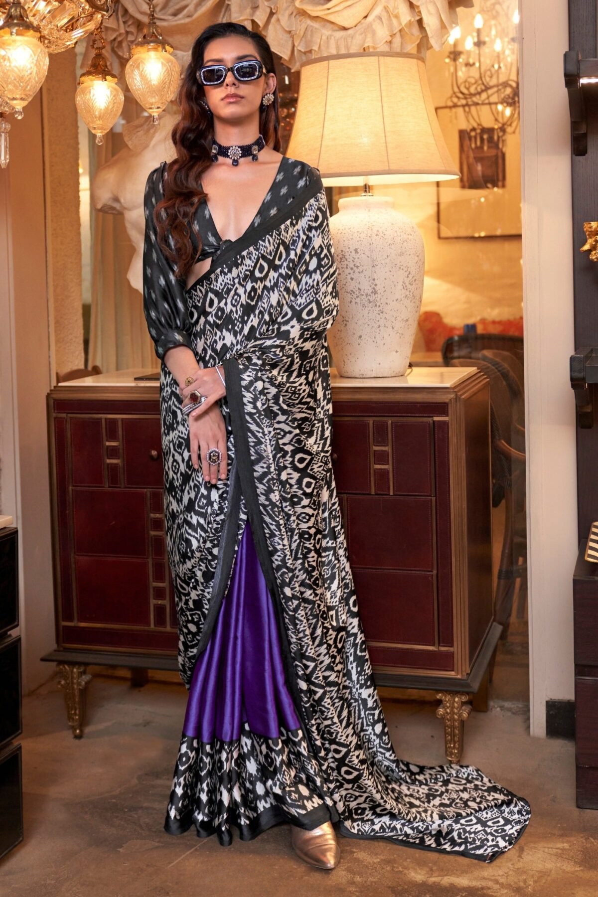 Electric Violet Satin Crepe Patola Party Saree