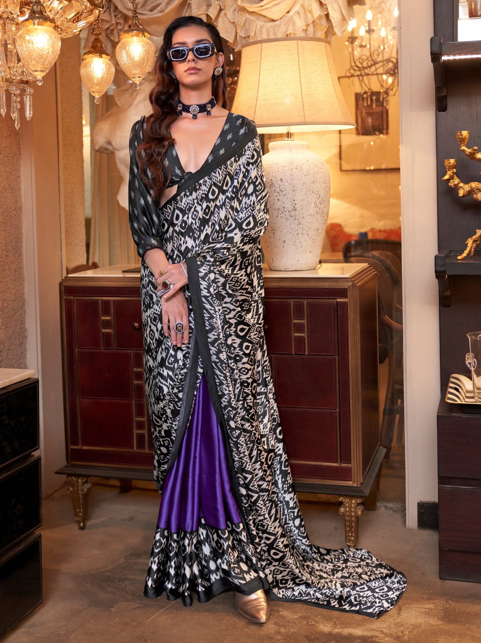 Electric Violet Satin Crepe Patola Party Saree