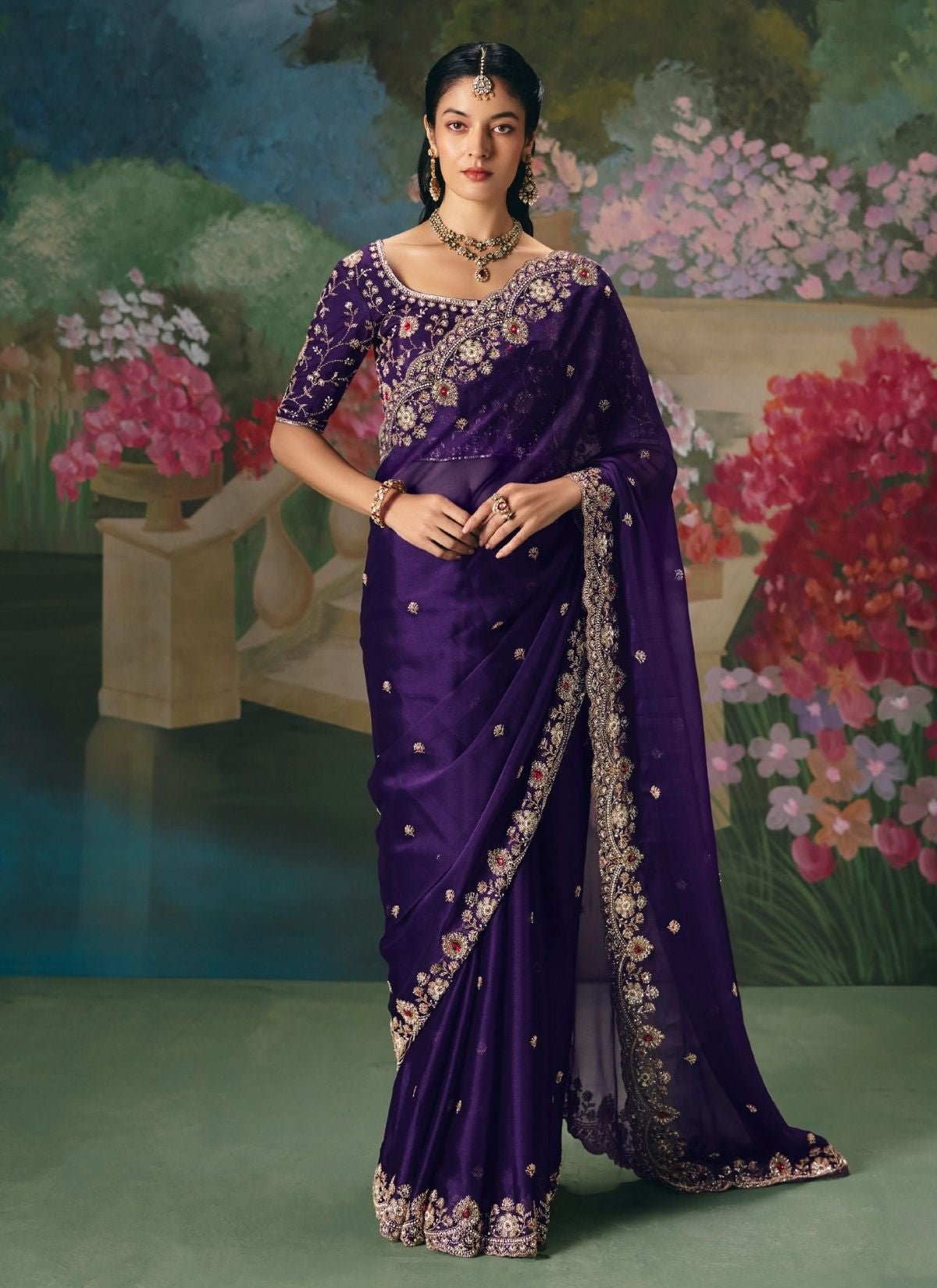 Eggplant Purple Wedding & Party Fancy Saree With Premium Blouse Piece