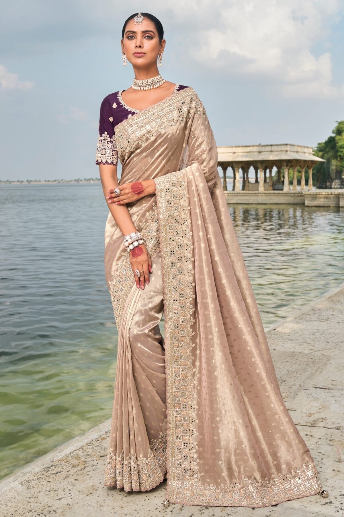Metallic Beige Wedding Designer Saree