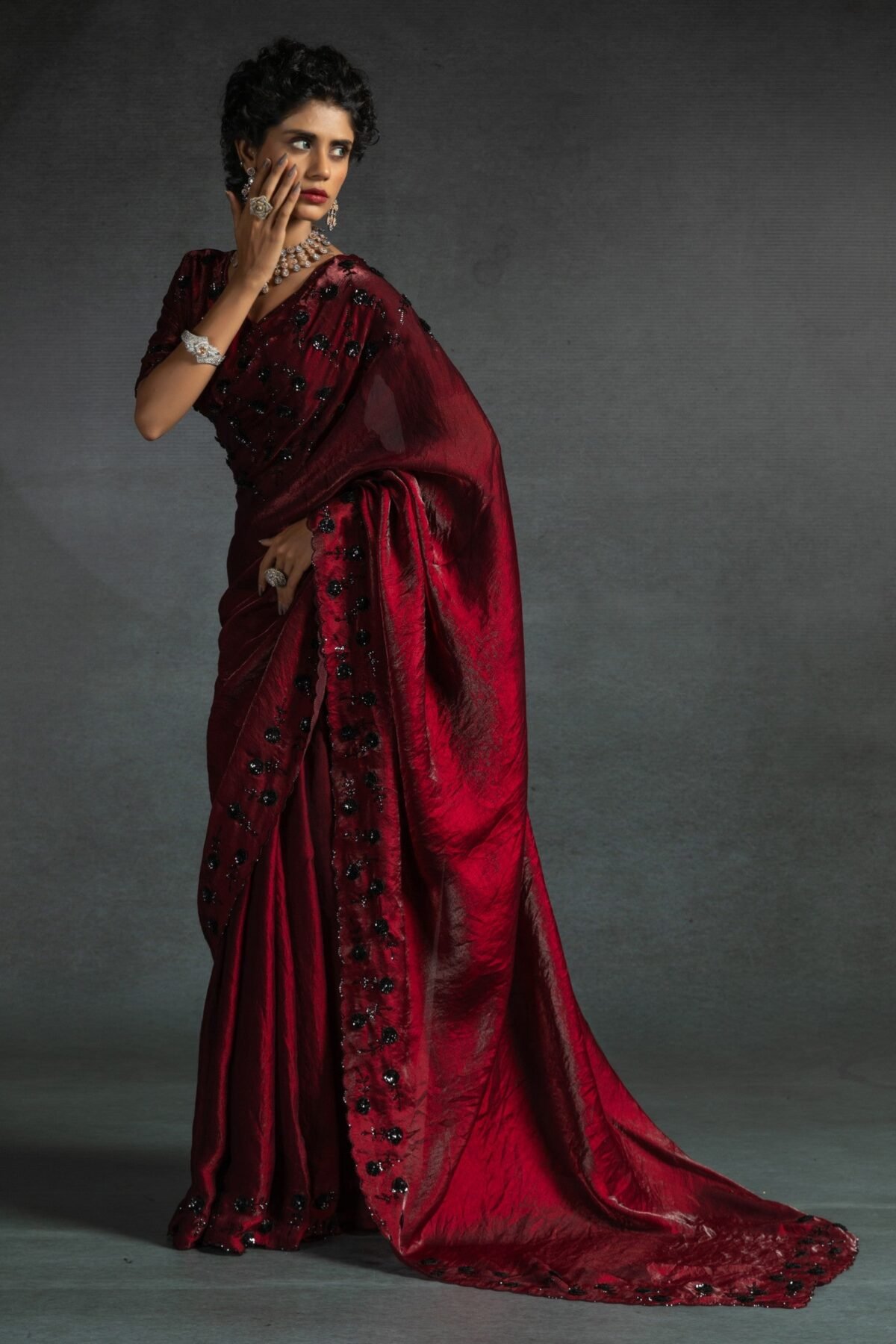 Mahogany Red Satin Silk Party Saree With Crystal Sequins Work & Blouse Piece