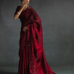 Mahogany Red Satin Silk Party Saree With Crystal Sequins Work & Blouse Piece