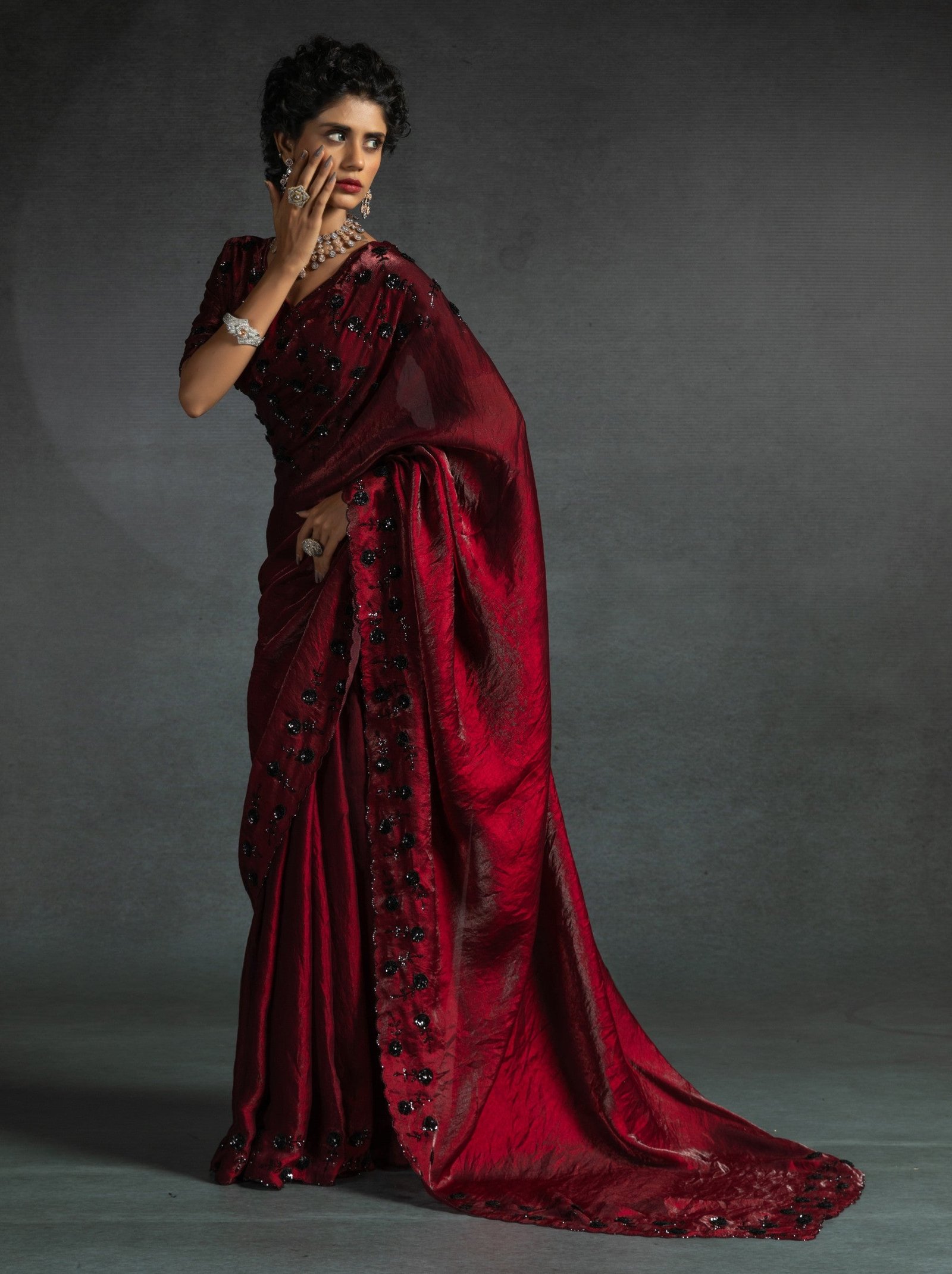 Mahogany Red Satin Silk Party Saree With Crystal Sequins Work & Blouse Piece
