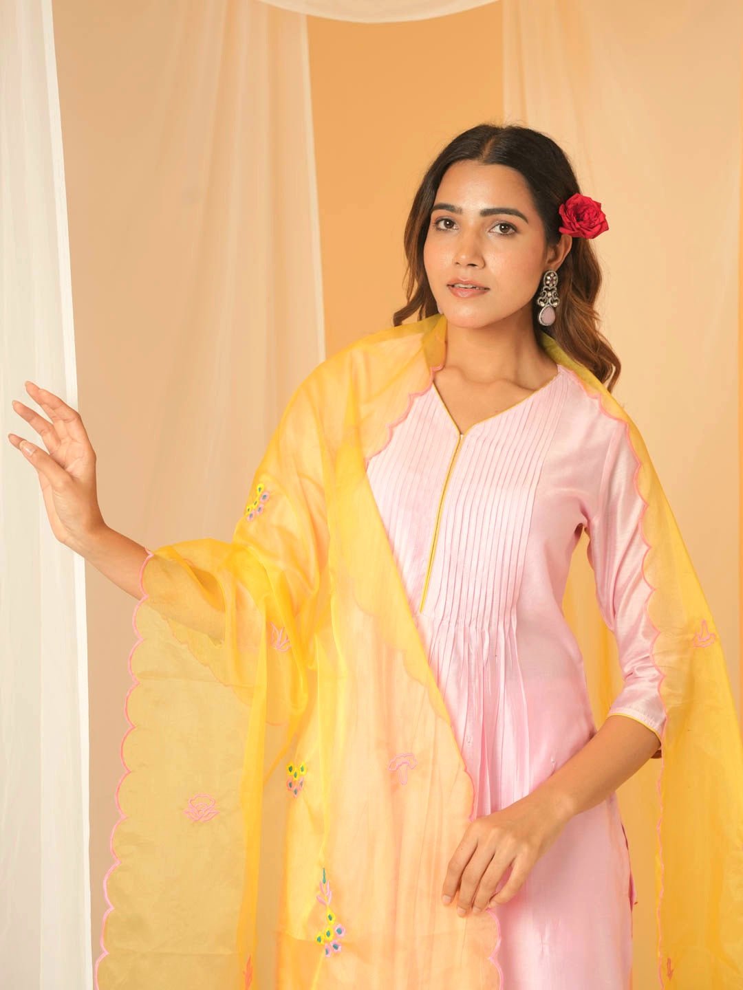 Lotus Pink Chanderi Suit Set With Organza Dupatta