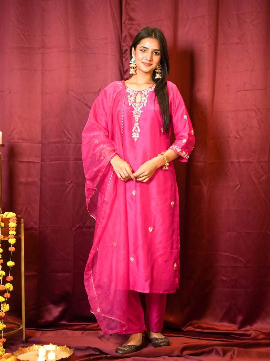 Magenta Handwork Suit Set With Organza Dupatta