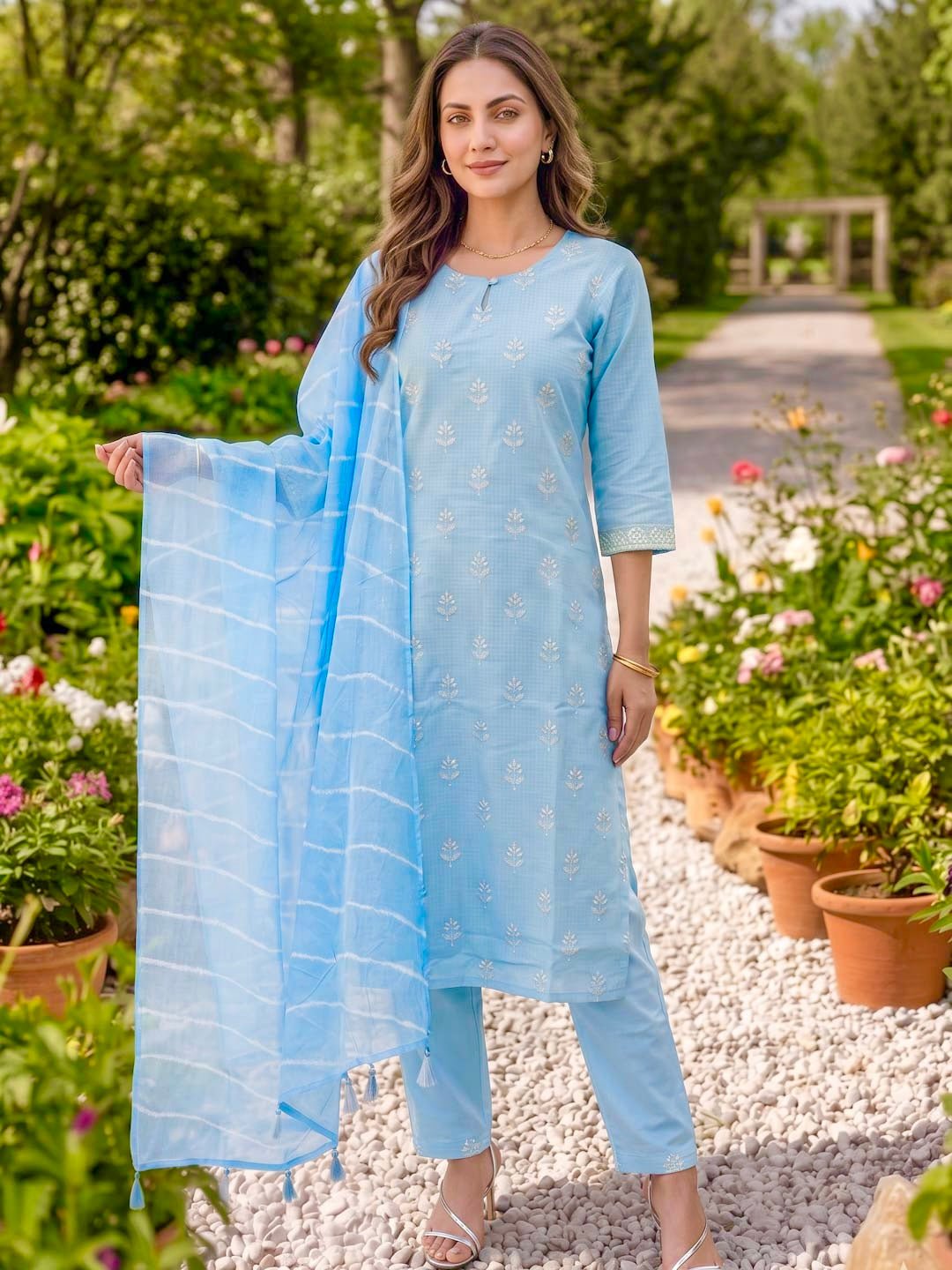 Light Blue Kota Doria Suit Set With Kota Dupatta