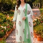 Green & White Cotton Handblock Suit Set With Lace Work
