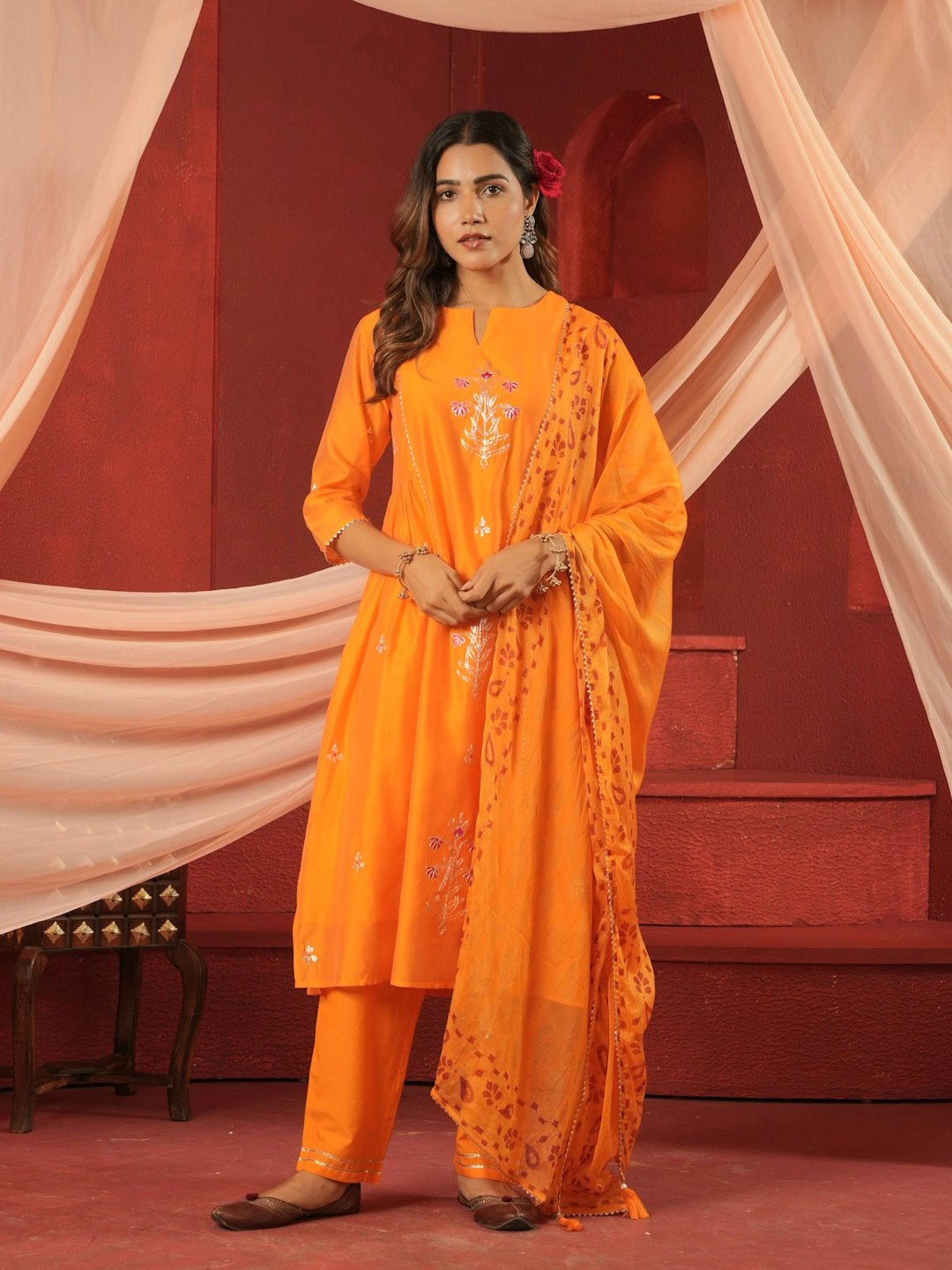 Orange Chanderi Suit Set With Pittan Work