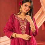 Raspberry Suit Set With Handwork And Organza Duptta