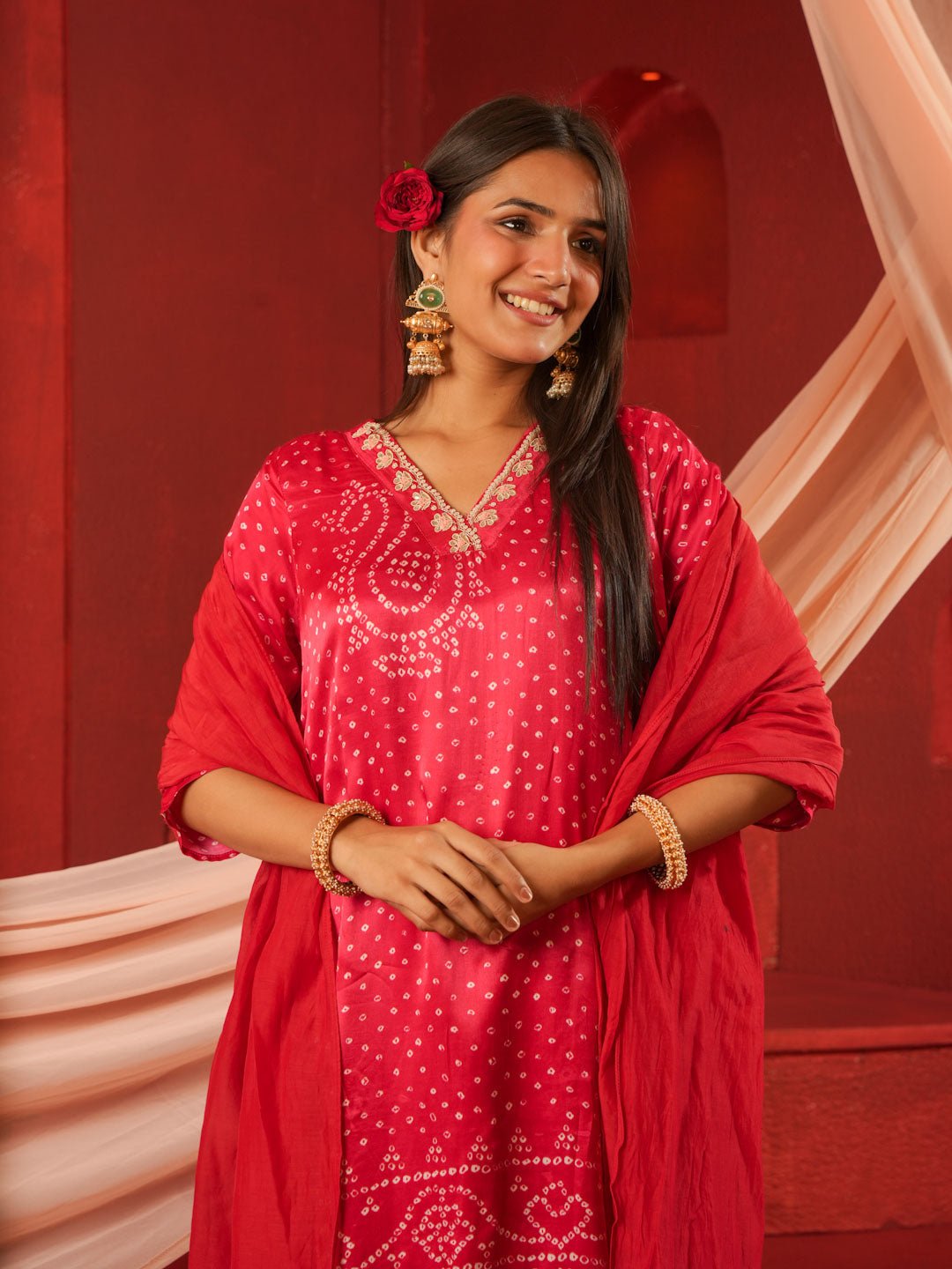 Red Bandhej Print Suit Set With Organza Dupatta