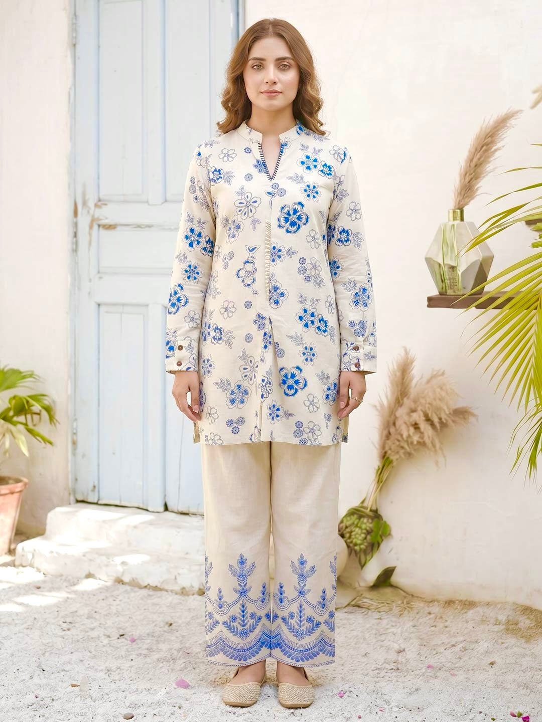 Cream & Teal Blue Cotton Slub Co-Ord Set
