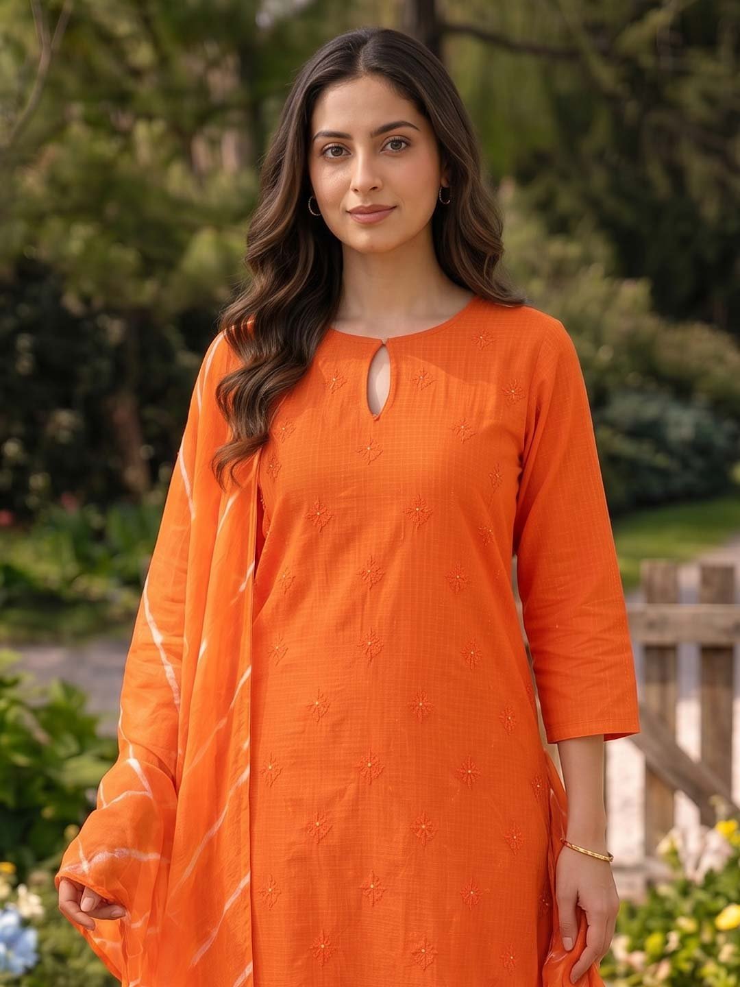 Tangerine Orange Kota Doria Suit Set With Embroidery