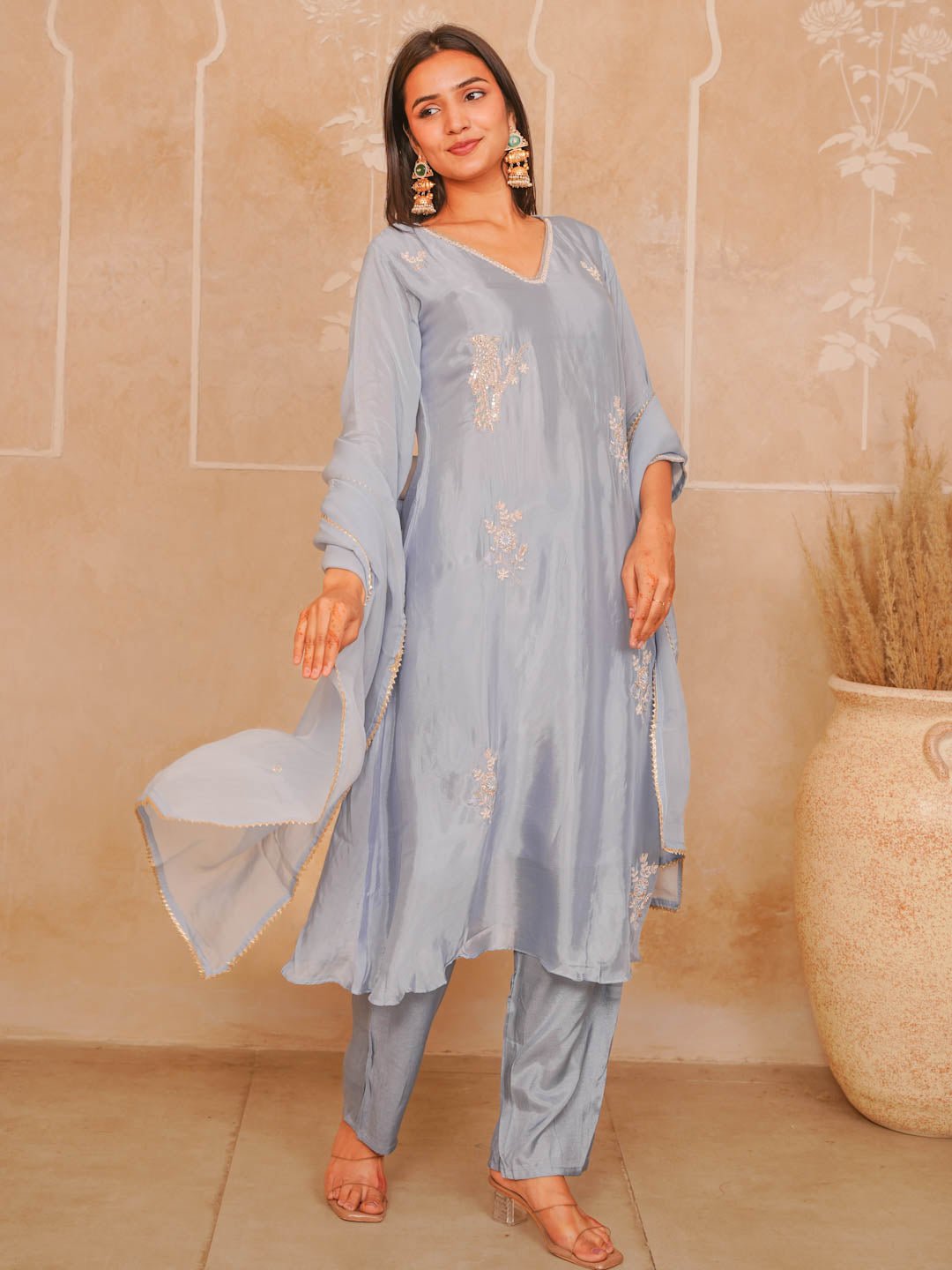 Dusty Blue Handwork Suit Set With Dupatta