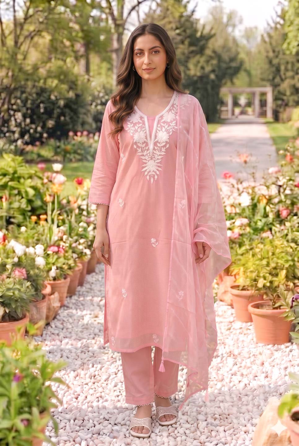 Orchid Pink Kota Doria Suit Set With Embroidery