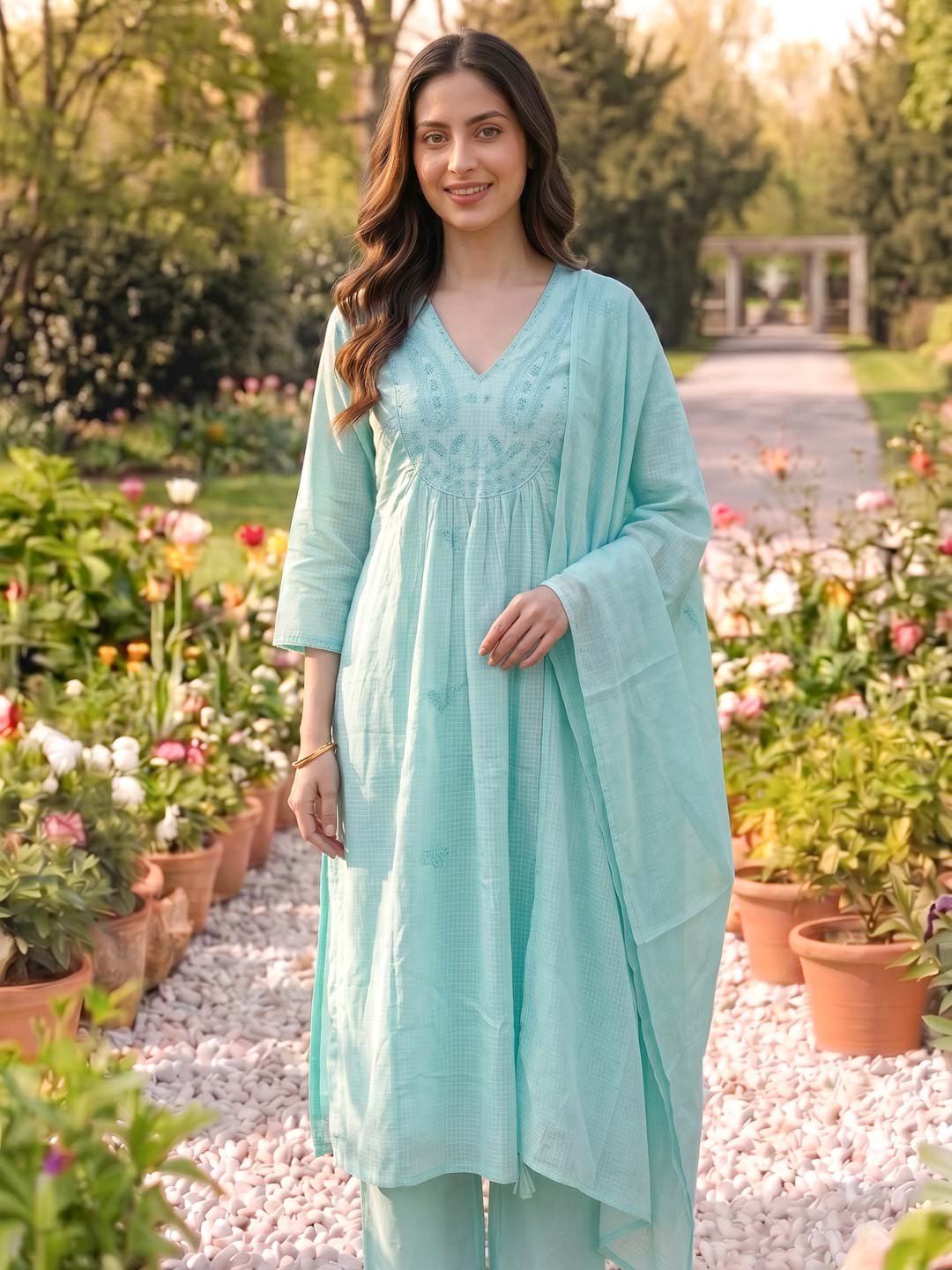 Powder Blue Kota Doria Suit Set With Kota Dupatta