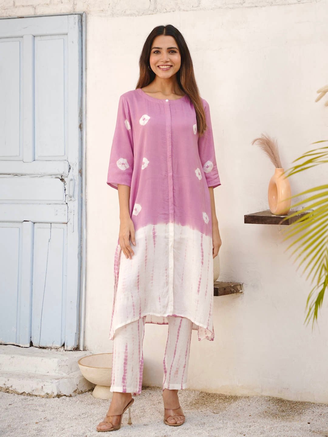 Soft Pink Shantung Silk Co-Ord Set With Bandhej & Tie Dye