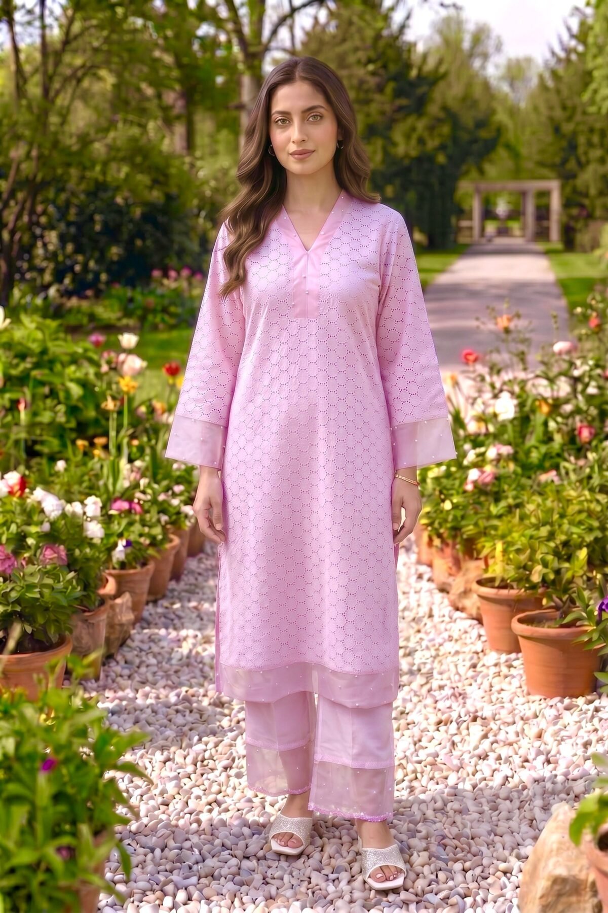 Pink Schiffli Kurta Set With Pearl Work