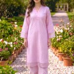 Pink Schiffli Kurta Set With Pearl Work