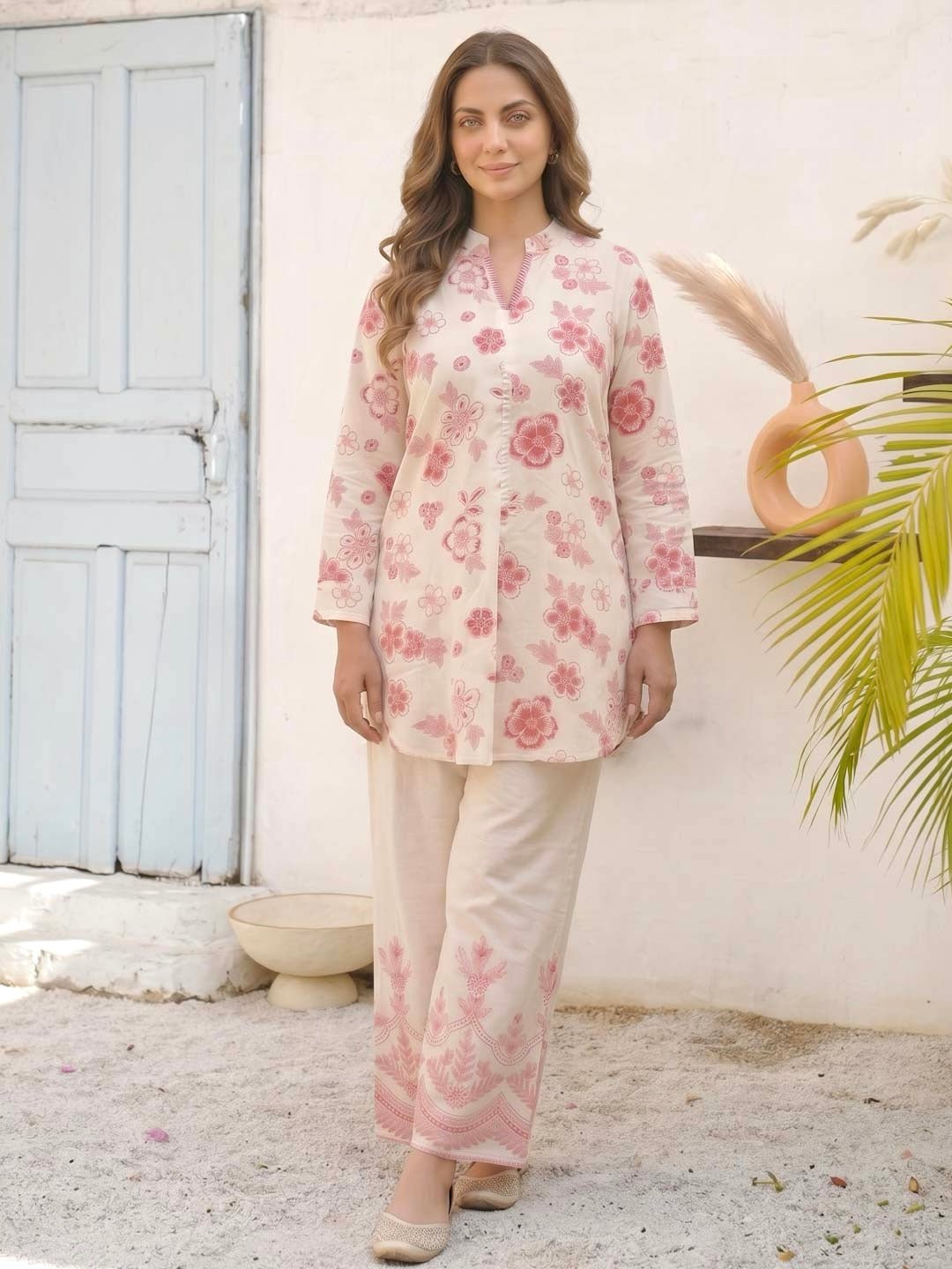 Cream & Pink Flower Cotton Slub Co-Ord Set