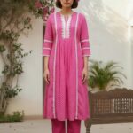 Pink Cotton Kurta Set With Lace Work