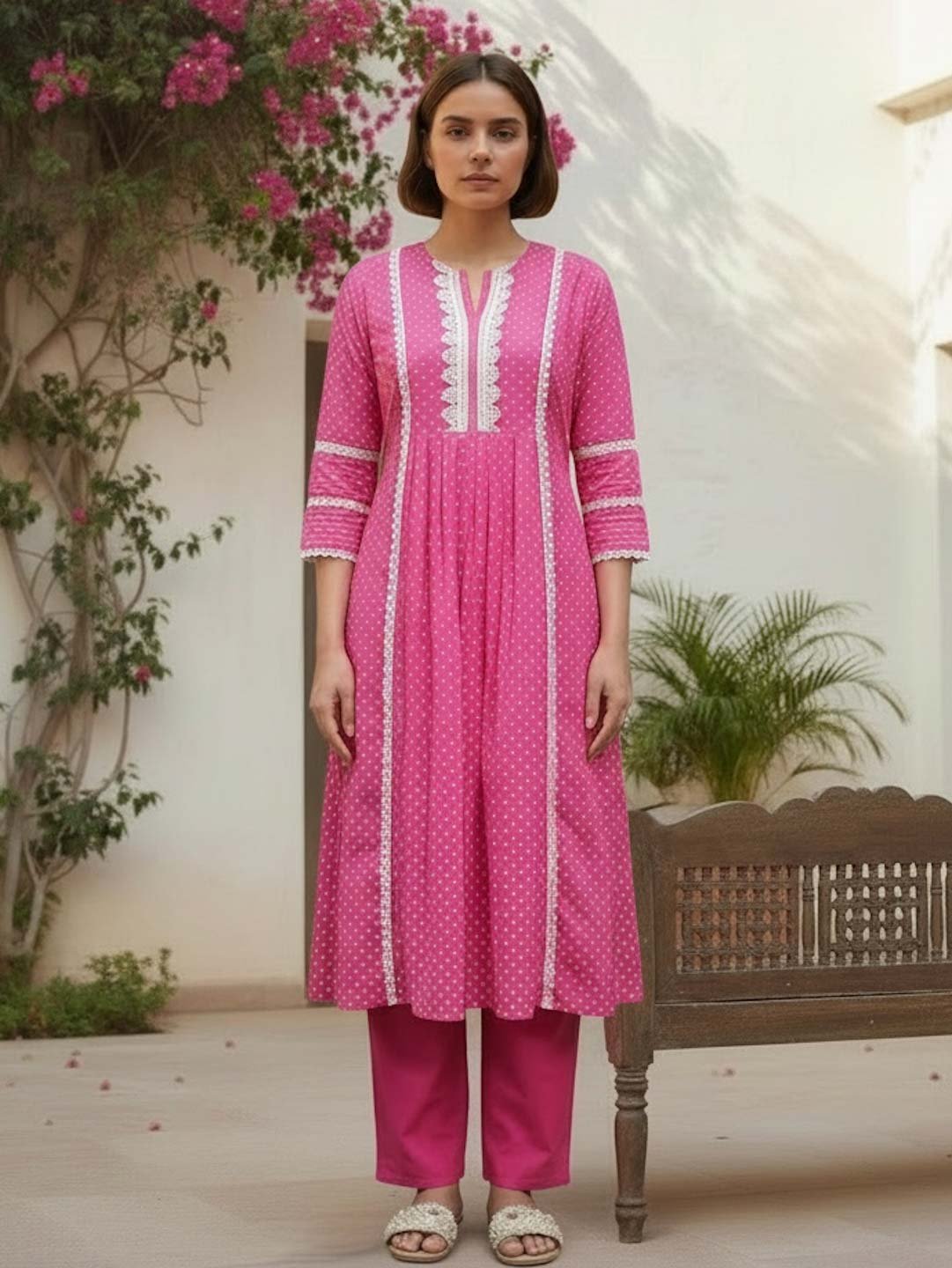 Pink Cotton Kurta Set With Lace Work