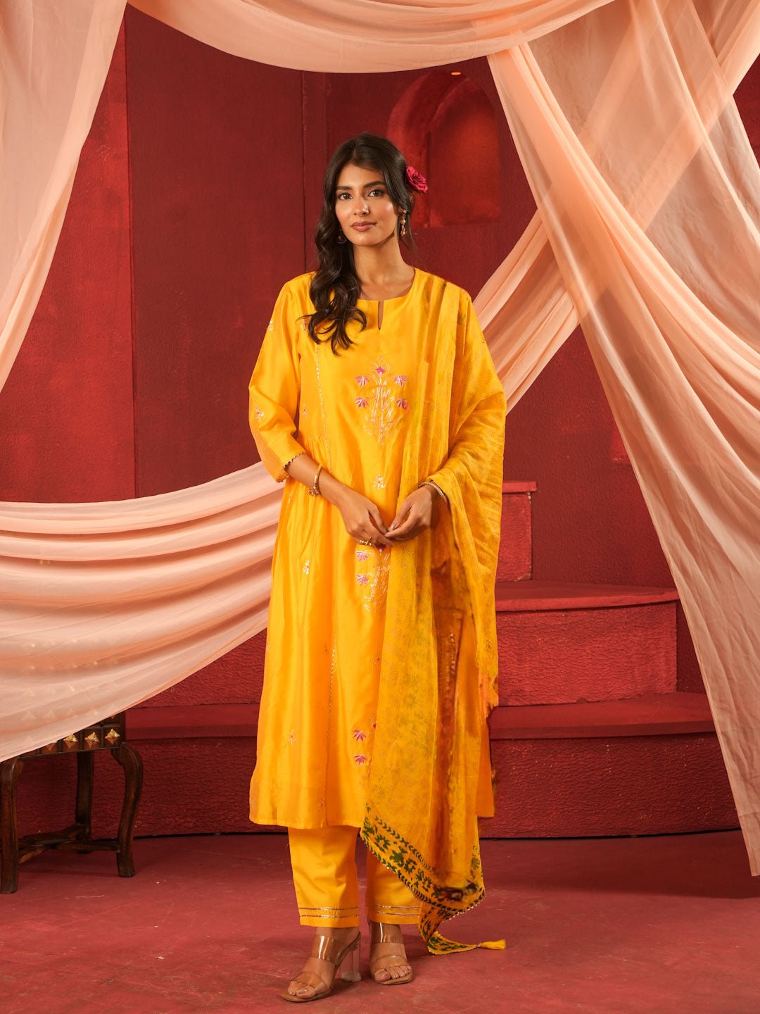 Yellow Chanderi Suit Set With Pittan Work