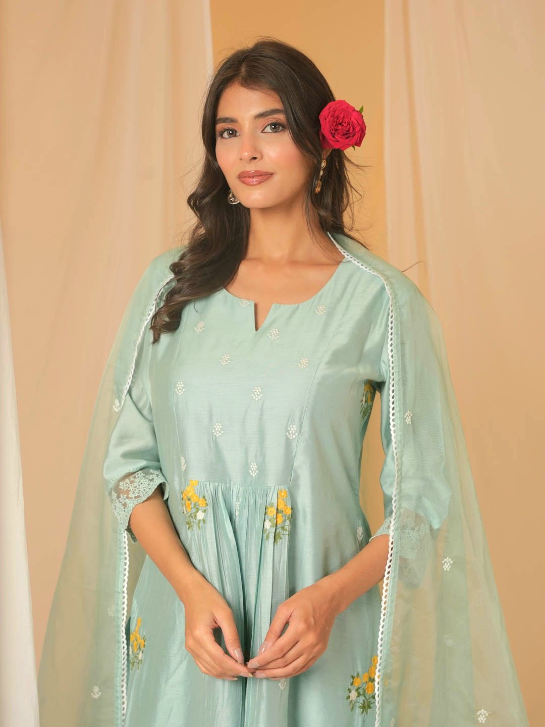 Light Blue Chanderi Suit Set With Embroidery