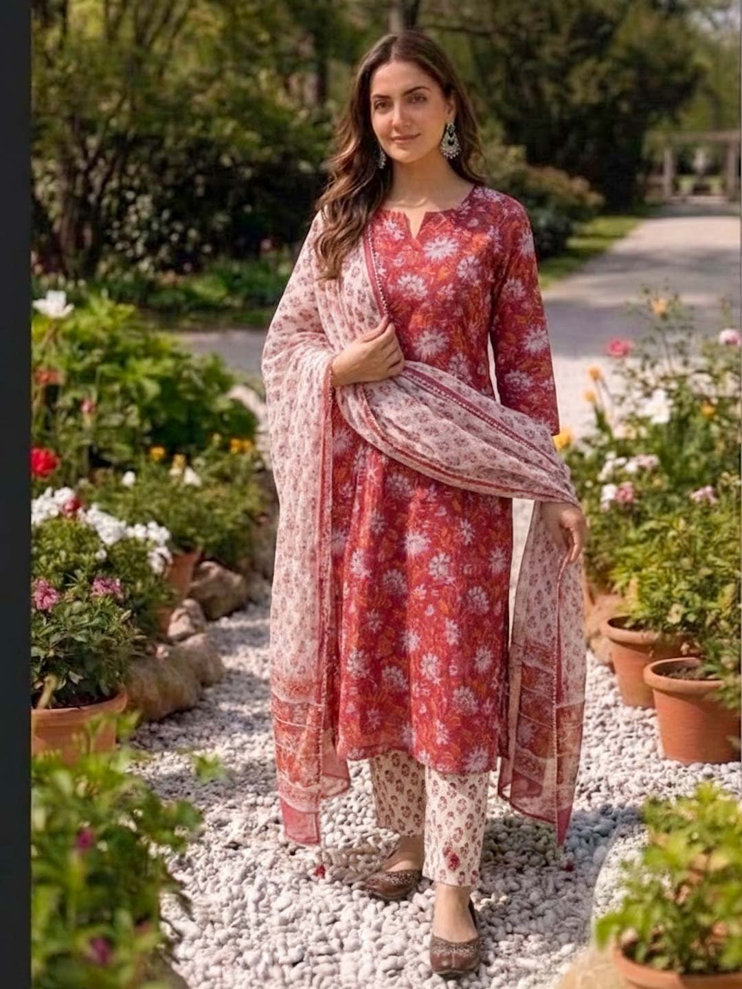 Red Kota Doria Suit Set With Handblock And Gotta Work