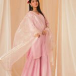 Light Pink Chanderi Sharara Set With Organza Dupatta
