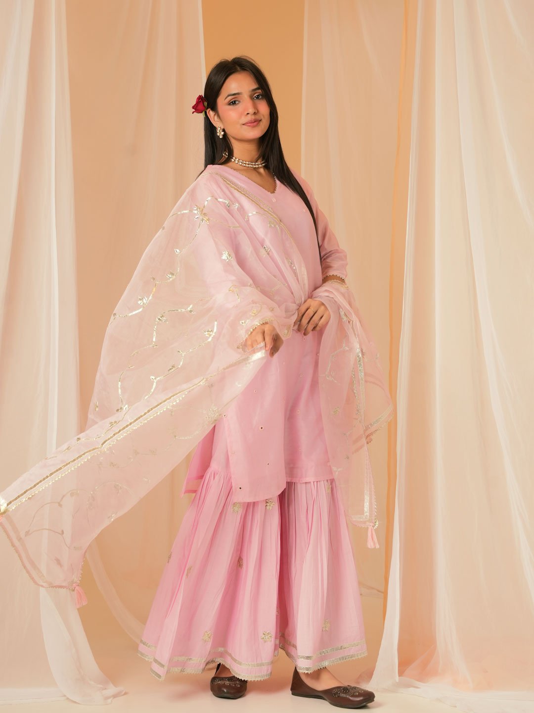 Light Pink Chanderi Sharara Set With Organza Dupatta