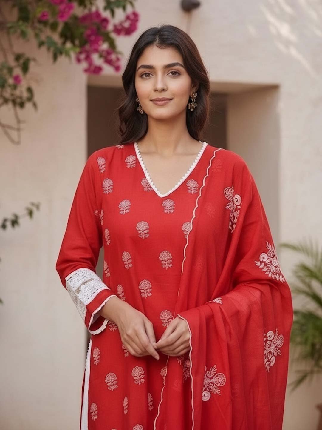 Red & White Suit Set With Lace Work