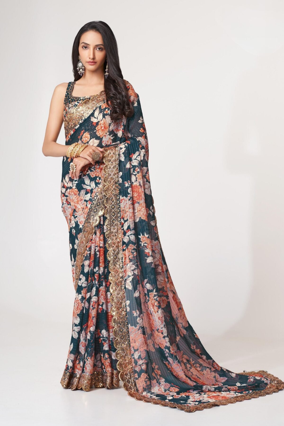 Sacramento Green Organza Digital Silk Sequin Saree