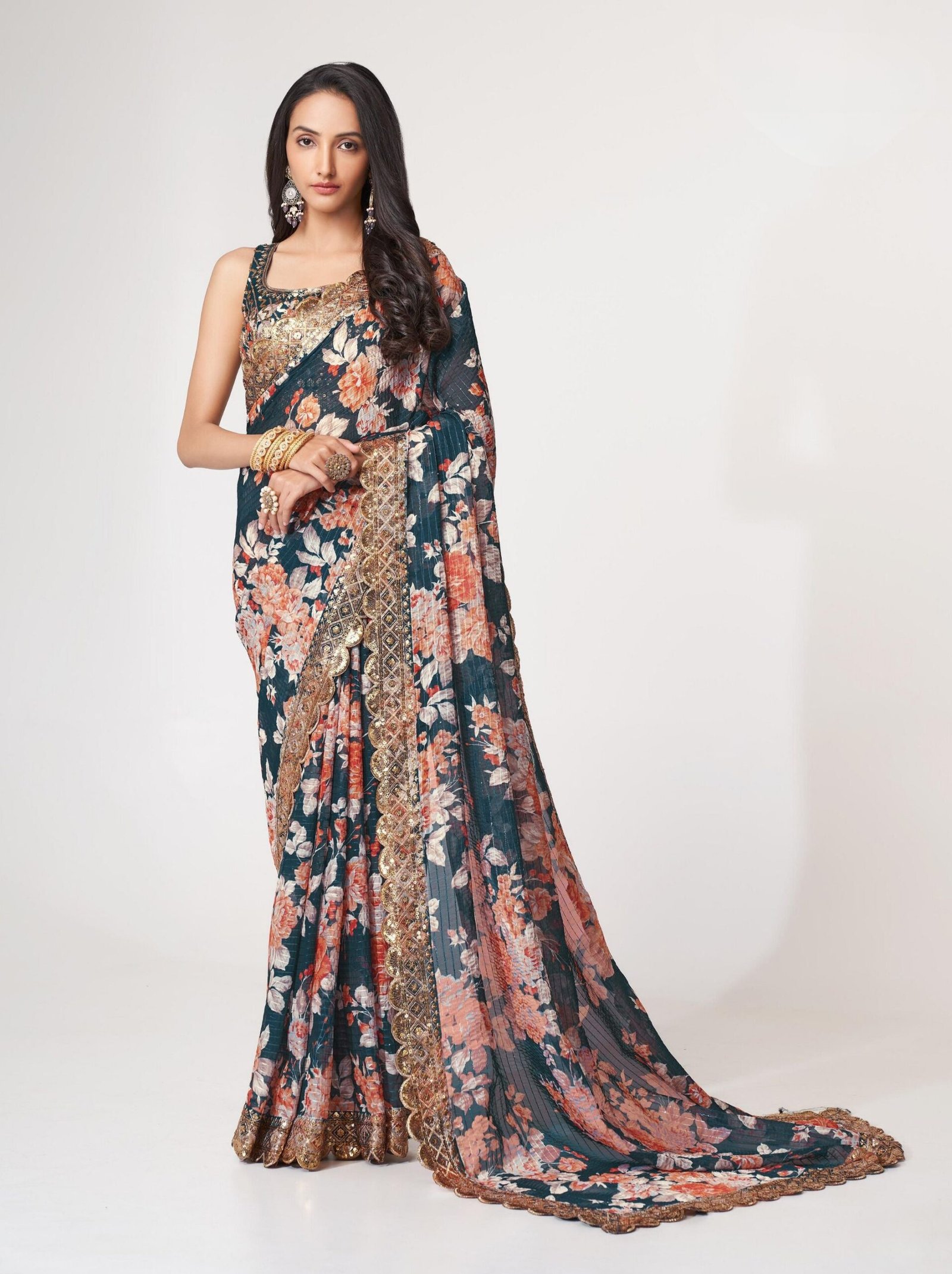Sacramento Green Organza Digital Silk Sequin Saree