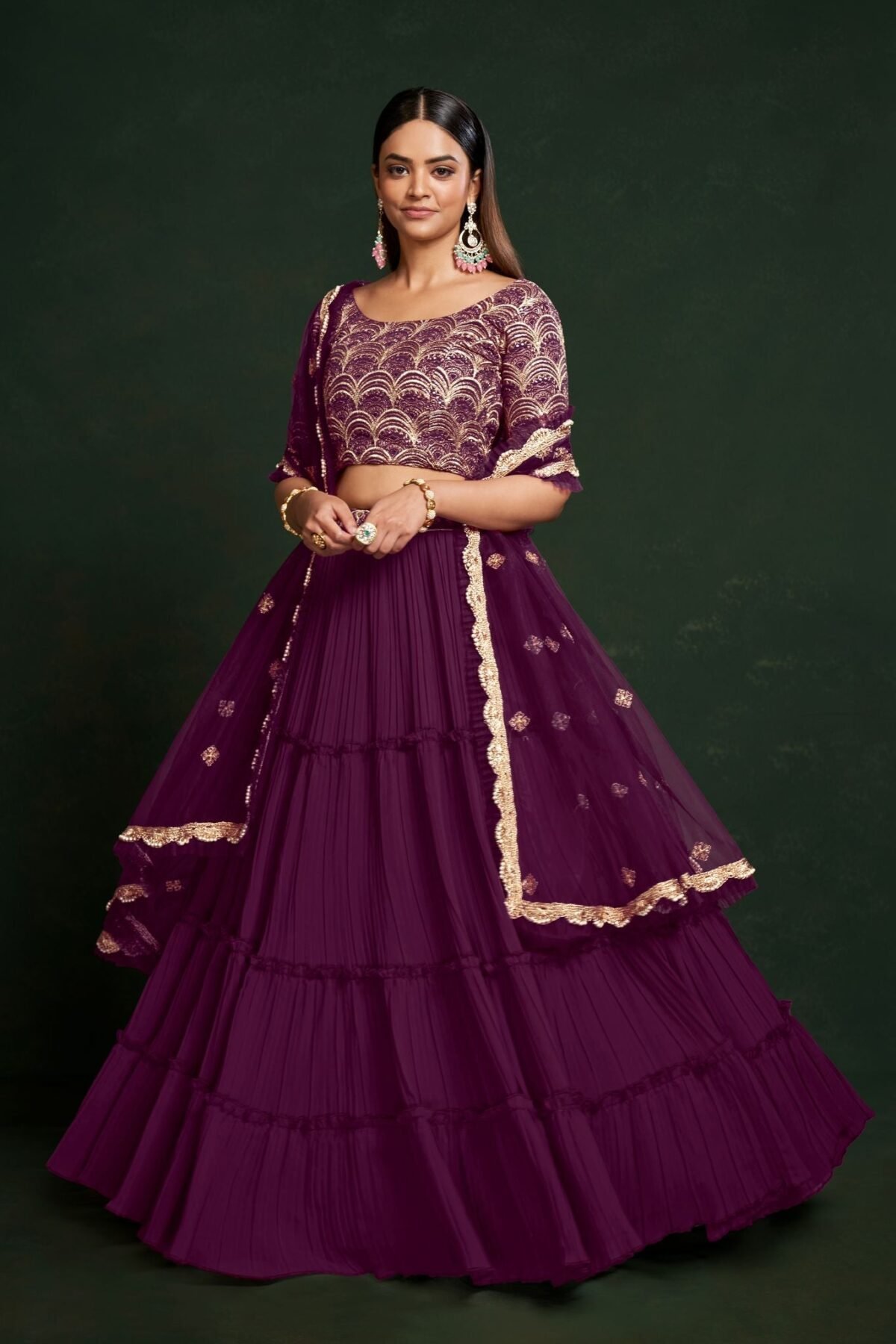 Purple  Thread And  Sequins Embroidery Work  Lehenga Choli With Net  Dupatta