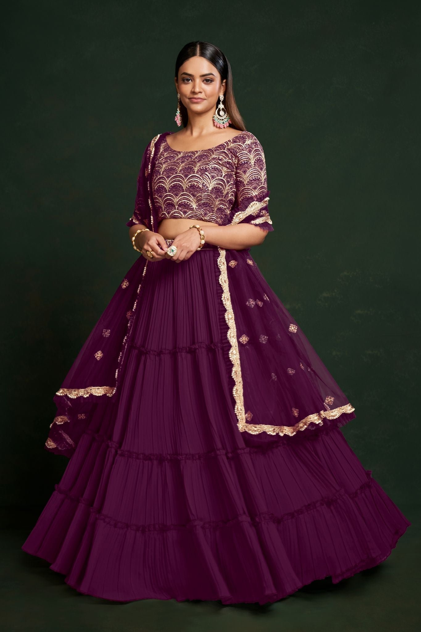 Purple Thread And Sequins Embroidery Work Lehenga Choli With Net Dupatta