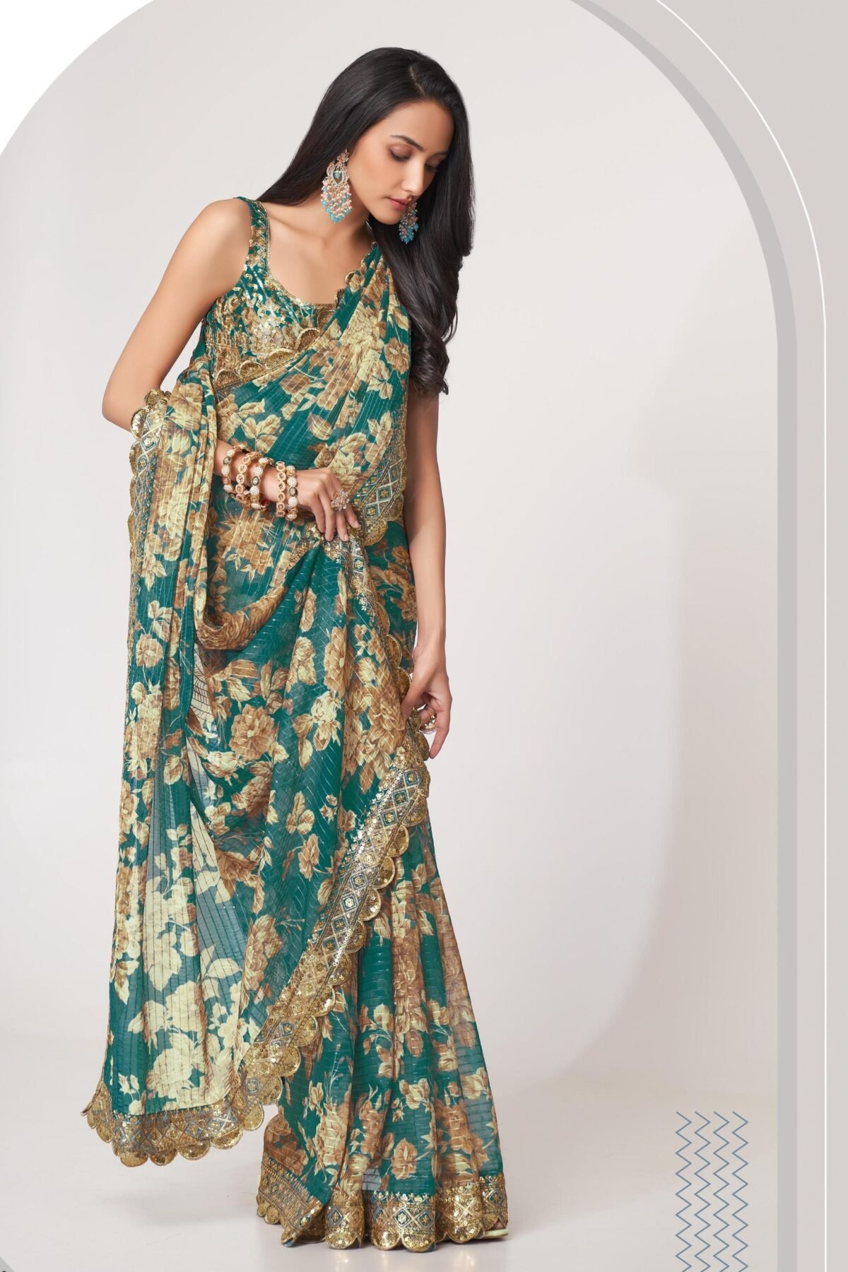 Teal Green Organza Digital Silk Sequin Saree