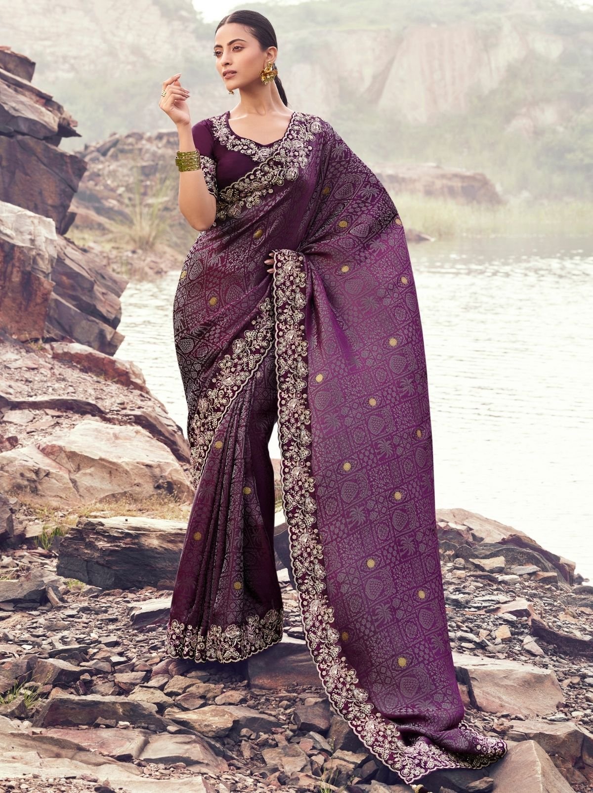 Byzantine Violet Premium Satin Silk Saree With Blouse Piece